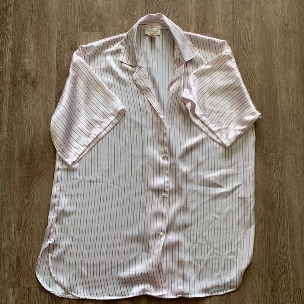 Victoria’s Secret Vintage Gold Label Button Front Nightgown White & Pink Striped